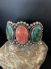 Navajo Royston Turquoise & Spiny Oyster Cuff Bracelet | Sterling Silver | Authentic Native American Handmade | 1105