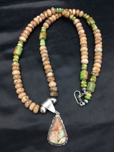 Navajo Green Turquoise & Picture Jasper Necklace | Sterling Silver | Authentic Native American Handmade | 2611