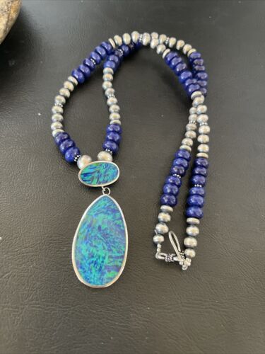 Women's Sterling Silver Necklace | Blue Lapis Bead Opal Inlay Pendant | Multi-Stone | 10584