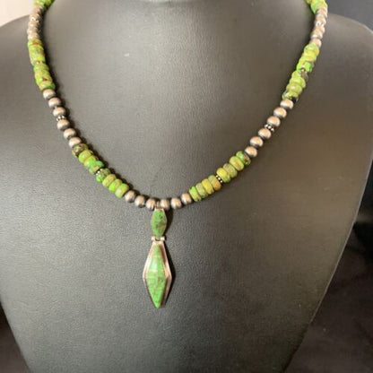 Navajo Green Gaspeite Turquoise Inlay Pendant | Sterling Silver | Authentic Native American Handmade | 13267