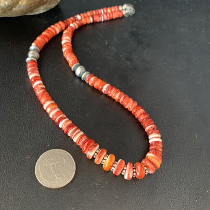 Navajo Red Spiny Oyster Graduated Necklace | Sterling Silver | Authentic Native American | 18" | 13616