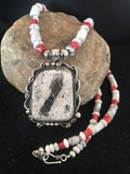 Navajo Pearls White Buffalo Turquoise Necklace Pendant | Sterling Silver | Authentic Native American Handmade | 8216