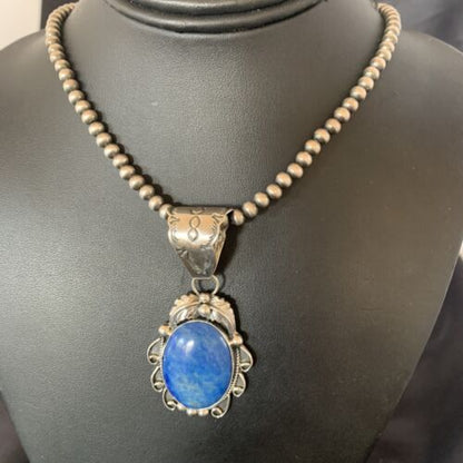 Men's Navajo Pearls Necklace with Denim Lapis Pendant | Sterling Silver | Authentic Native American Handmade | 12433