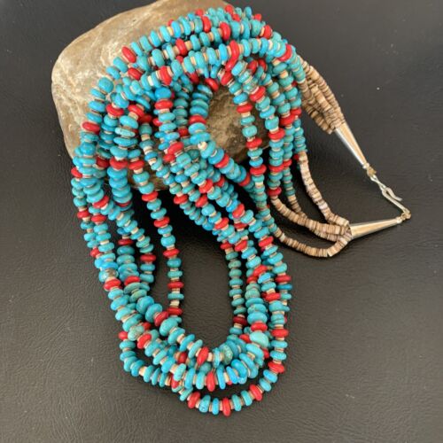 Southwestern Santo Domingo Coral Spiny Blue Turquoise Necklace | 5 Strand | 22" | 12049