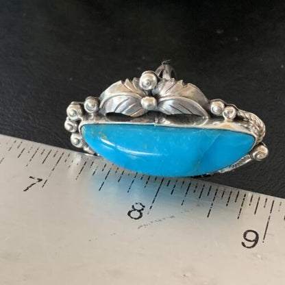 Navajo Blue Kingman Turquoise Ring | Sterling Silver Feather | Sz 9.5 | Authentic Native American Handmade | 10853
