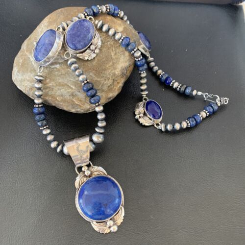 Native Navajo Pearl Sterling Silver Blue Lapis Necklace 5 Pendant 10864