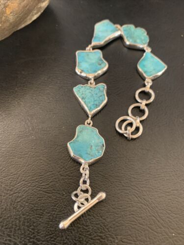 Navajo Blue Kingman Turquoise Rough Link Bracelet | Sterling Silver | 8" | 11648