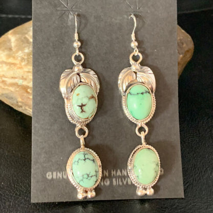Navajo Green Spiderweb Turquoise Dangle Earrings | Sterling Silver | Authentic Native American Handmade | 13551