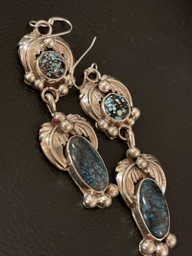 Navajo Spiderweb Turquoise Dangle Earrings | Sterling Silver | Authentic Native American Handmade | 1236
