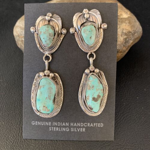 Navajo Blue Dry Creek Turquoise Post Dangle Earrings | Sterling Silver | Authentic Native American Handmade | 13873