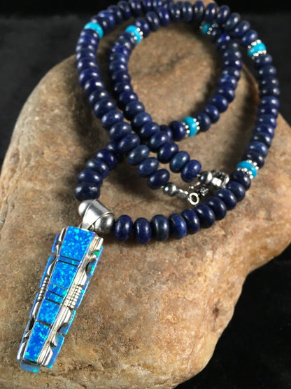 Navajo Opal, Lapis & Turquoise Inlay Pendant Necklace | Sterling Silver | Authentic Native American Handmade | 3348