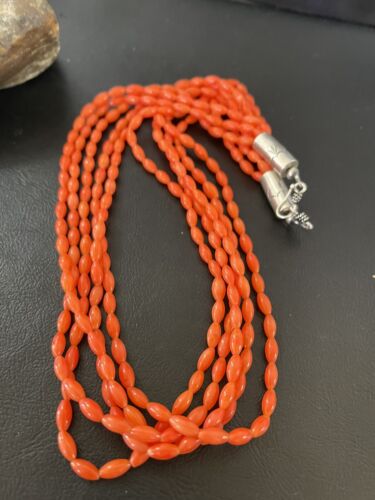 Navajo Orange Coral 5-Strand Necklace | Sterling Silver Barrel Beads | 22" | Authentic Native American Handmade | 10437