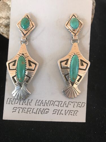 Hopi Turquoise Drop Dangle Earrings | Vintage Old Pawn Sterling Silver | Authentic Native American Handmade | 1123