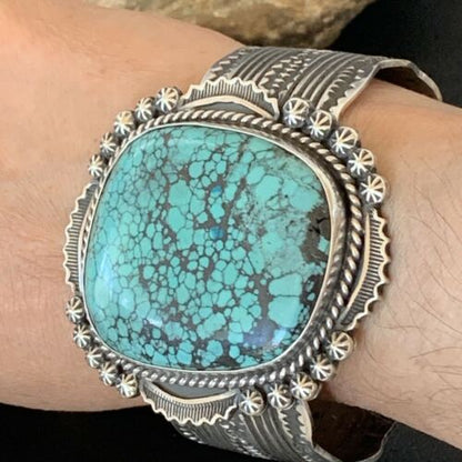 Men's Navajo Blue Spiderweb Turquoise Cuff Bracelet | Sterling Silver | Authentic Native American Handmade | 1631