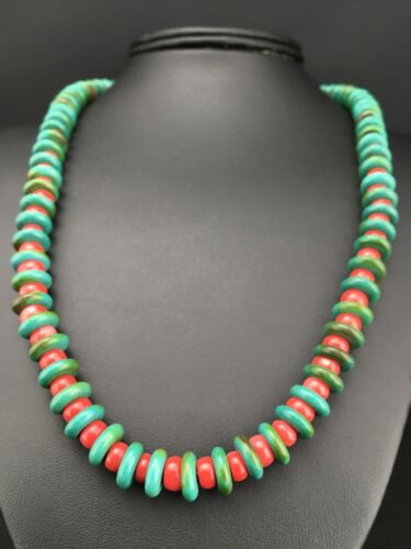 Native American Men's Turquoise & Coral Bead Necklace | Navajo Sterling Silver | 22" | 3712