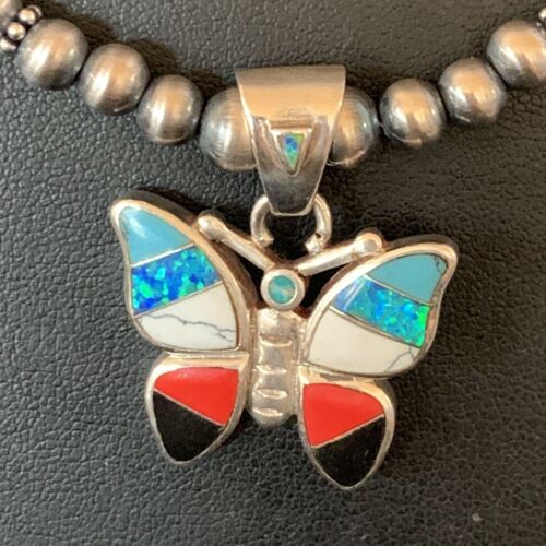Opal Inlay Butterfly Pendant | Navajo Sterling Silver | Coral & Turquoise | 21" | 12582