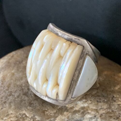 Native American White Mother of Pearl Navajo Inlay Ring | Sterling Silver | Sz 7.5 | 12864