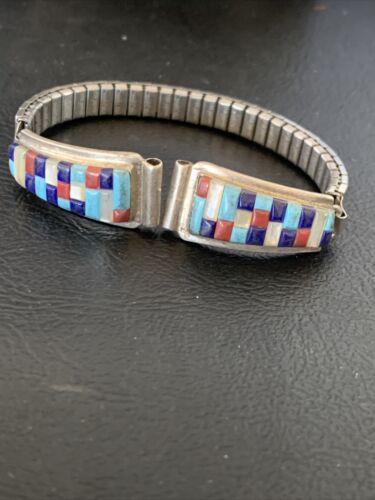Navajo Sterling Silver Watch Tips | Turquoise Coral Mother of Pearl Inlay Band | Authentic Native American Jewelry | 12137