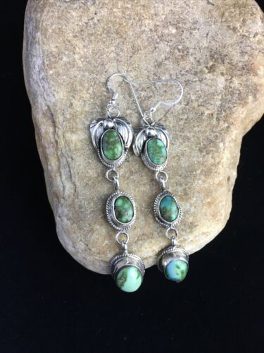 Navajo Green Sonoran Gold Turquoise 3Dangle Earrings | Sterling Silver | Authentic Native American Handmade | 1791