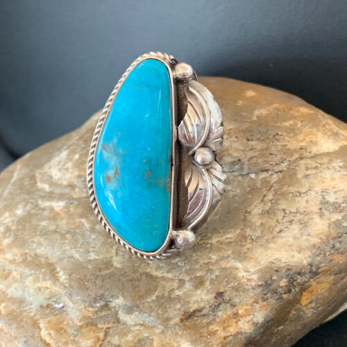 Navajo Blue Kingman Turquoise Ring | Sterling Silver Feather | Sz 7.5 | Authentic Native American Handmade | 10851