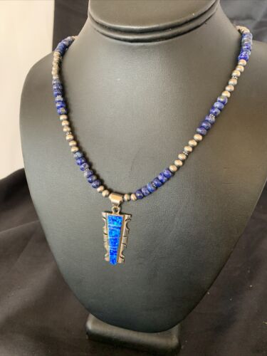 Navajo Pearls Necklace Blue Lapis Opal Inlay Pendant | Sterling Silver | Native American Handmade | 11804