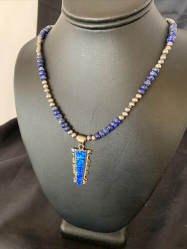 Navajo Pearls Necklace with Blue Lapis Opal Inlay Pendant | Sterling Silver | Authentic Native American Handmade | 11632