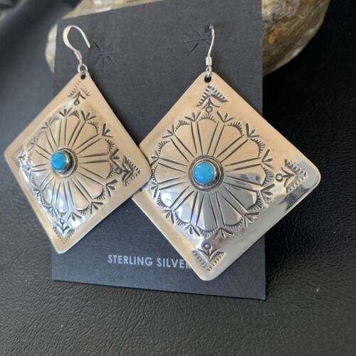 Navajo Blue Turquoise Earrings | Stamped Sterling Silver | Authentic Native American Handmade | 13321