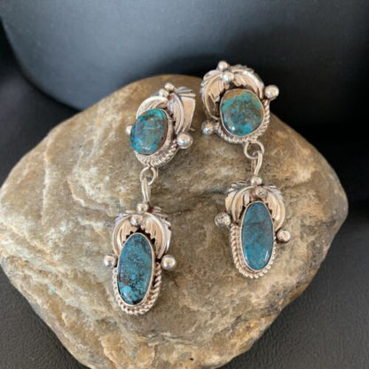 Handmade Navajo Spiderweb Turquoise Dangle Earrings | Sterling Silver | Authentic Native American | 1481