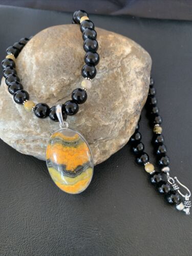 Men's Navajo Pearls Onyx Bumblebee Jasper Pendant Necklace | Sterling Silver | Native American Handmade | 10324