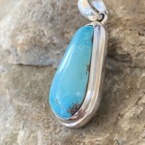 Navajo Blue Bisbee Turquoise Pendant | Sterling Silver | 1" | Authentic Native American Handmade | 1628