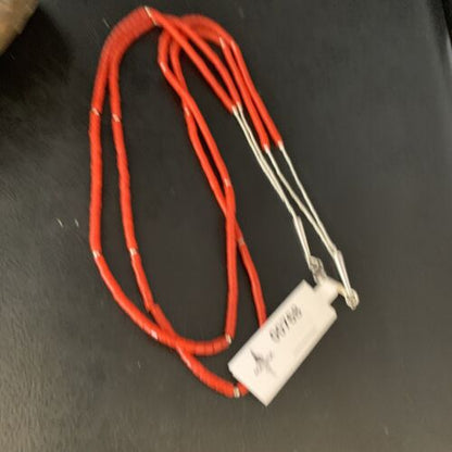 Navajo Red Coral Liquid Heishi Necklace | 2 Strands Sterling Silver Tubes | 22" | Authentic Native American Handmade | 768