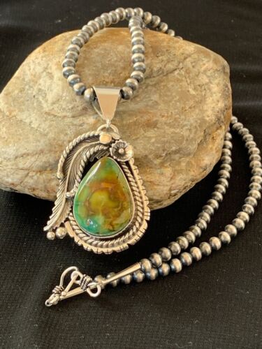 Men's Turquoise Pendant | Navajo Pearls Sterling Silver Necklace | Authentic Native American Handmade | 2568