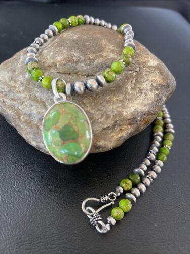 Navajo Pearl Necklace with Green Mojave Turquoise Pendant | Sterling Silver | Authentic Native American Handmade | 10310