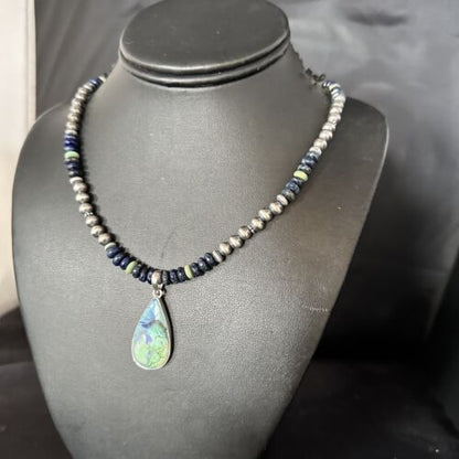 Navajo Green Turquoise Lapis Necklace with Opal Pendant | Sterling Silver | Authentic Native American Handmade | 14370