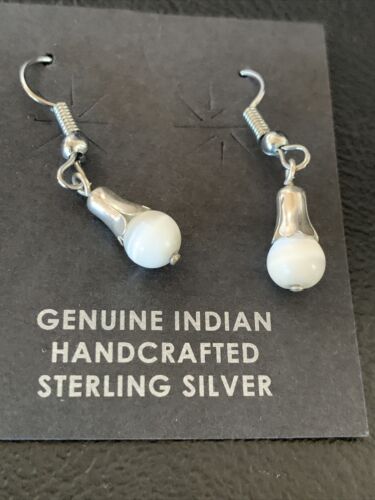 Navajo Sterling Silver White Moonstone Dangle Earrings | 0.50" | Authentic Native American Handmade | 13087 - Masha USA