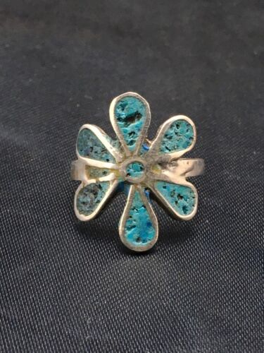 Navajo Blue Turquoise Flower Ring | Authentic Native American Sterling Silver | Multi-Stone | Sz 6.75 | 3076