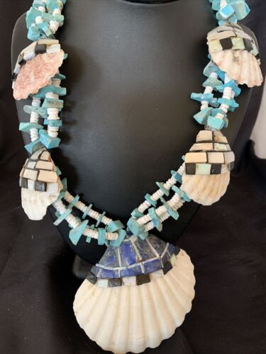 Native American Zuni Shell Pendants | Spiny Oyster & Blue Turquoise Necklace | 30" | 12520