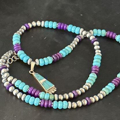 Navajo Blue Turquoise Sugilite Necklace Pendant | Sterling Silver Inlay | Authentic Native American Handmade | 14643
