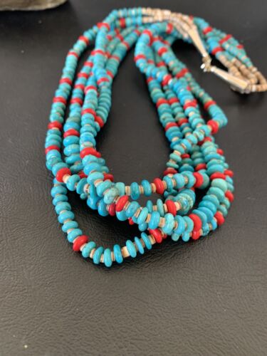 Southwestern Santo Domingo Coral Spiny Blue Turquoise Necklace | 5 Strand | 22" | 12049