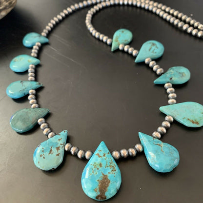 Native American Navajo Pearls Necklace | Sterling Silver | Blue Turquoise Teardrop | 11484