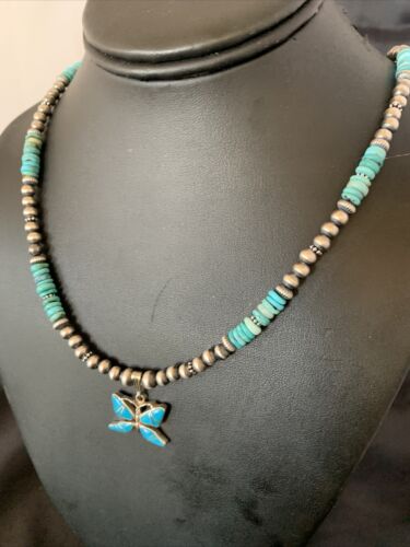 Navajo Pearl Sterling Silver Butterfly Turquoise Necklace Pendant | Authentic Native American Handmade | 12559