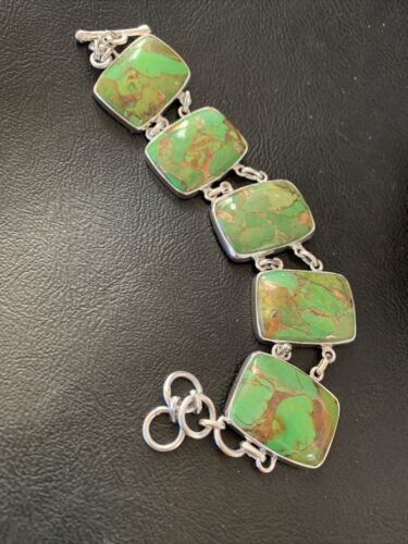 Navajo Green Mojave Turquoise Link Bracelet | Sterling Silver | 8" | Authentic Native American Handmade | 11641