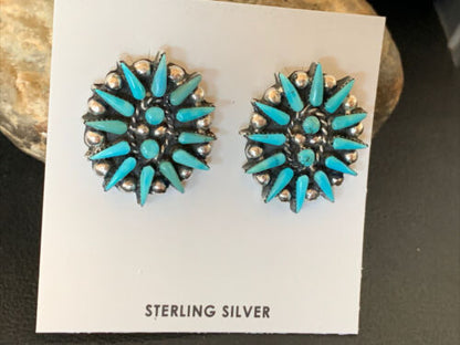 Navajo Blue Cluster Turquoise Stud Post Earrings | Sterling Silver | Authentic Native American Handmade | 12302