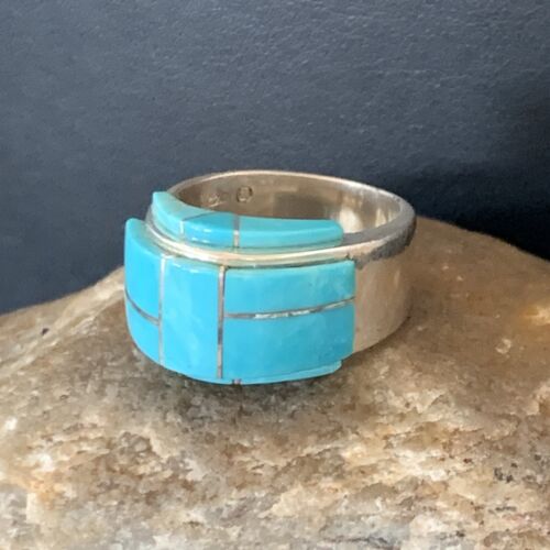 Navajo Blue Turquoise Inlay Band Ring | Sz 8 | Authentic Native American Handmade | 14163