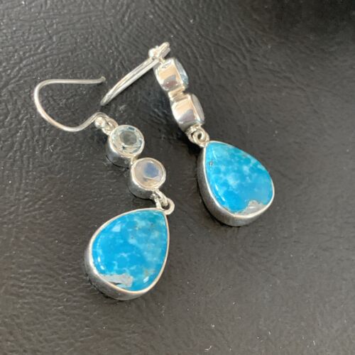 Navajo Blue Kingman Turquoise Earrings | Sterling Silver | Authentic Native American Handmade | 12033