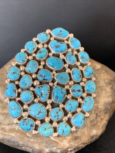 Navajo Kingman Turquoise Cluster Ring | Authentic Native American Sterling Silver | Multi-Stone | Sz 7 | 12226