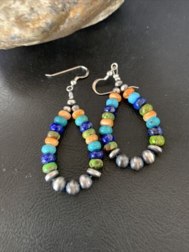 Navajo Multi-Color Lapis Spiny Turquoise Dangle Earrings | Sterling Silver | Authentic Native American Handmade | 12977