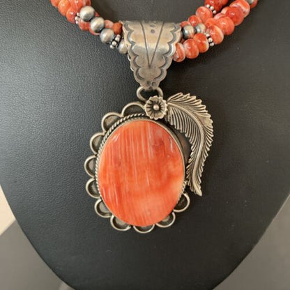Navajo Red Spiny Oyster Pendant Necklace | 3 Strand Sterling Silver | Native American Handmade | 1327