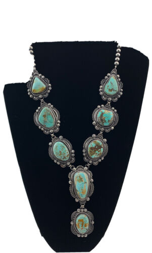 Navajo Sterling Silver Lariat Necklace | Royston Turquoise Squash Pendant | Authentic Native American Handmade | 01545