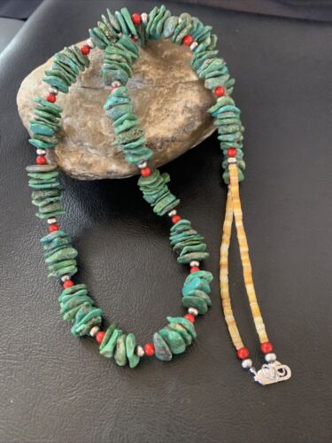 USA Navajo Green Turquoise Coral Shell Sterling Silver Necklace 28" 11710